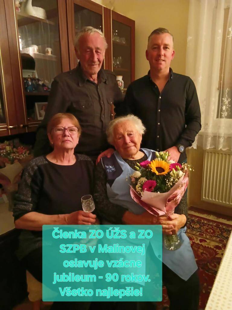 V Malinovej sme mali tú česť osláviť významné životné jubileum pani Idy Richterovej, ktorá sa nedávno dožila 90 rokov.  Pani Ida je dlhoročnou členkou základných organizácií Únie žien Slovenska a Slovenského zväzu protifašistických bojovníkov v Malinovej.