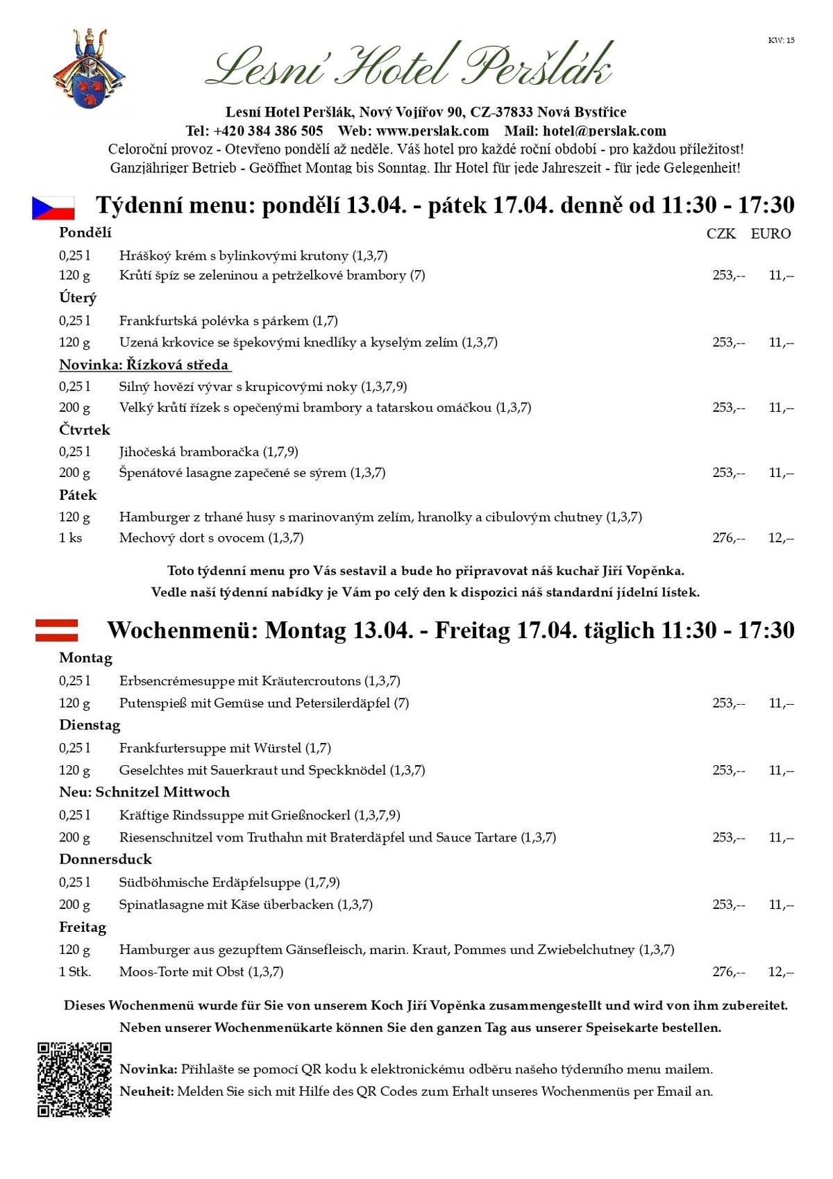 Vážení hosté,  naše menu na příští týden je více zaměřeno na milovníky drůbežího masa. V pondělí se můžete těšit na špíz s krůtím masem. Ve středu, Vás pozveme na veliký řízek z krocana. V pátek Vám náš kuchař připraví hamburger z trhaného husího masa. Srdečně Vás zveme ale na všechna naše menu. Zajímavostí příští týden je Mezinárodní den umění, ve středu 15. dubna. Toto datum bylo vybráno na počest italského renesančního umělce Leonarda da Vinci, který se narodil 15. dubna v roce 1452. Tato významná osobnost byla zvolena jako symbol světového míru, svobody projevu, tolerance a bratrství, což jsou hodnoty, které umění přináší i jiným oborům a které jsou velice blízké také nám, v Lesním Hotelu Peršlák. Mezinárodní asociace umění v roce 2012 vyhlásila právě proto tento den jako Mezinárodní den umění. V roce 2019 také organizace UNESCO uznala tento svátek, jehož cílem je oslavit kreativitu, zdůraznit roli umění ve vzdělání a i běžném životě a propojit umělce s veřejností prostřednictvím výstav, workshopů a diskusí.  Naše tipy, kam zajít za uměním, naleznete v našem kalendáři akcí: https://www.perslak.com/kalendar-akci.html Protože kapacita naší zahrádky i restaurace je omezená, prosíme Vás o včasnou rezervaci na telefonním čísle: 384 386 505. Pro školáky a studenty z Nové Bystřice a širokého okolí i letos, hlavně o víkendech, ale i o prázdninách, nabízíme možnost brigády v restauraci nebo hotelu formou DPP. Minimální hodinové ohodnocení je u nás na Peršláku 180,-- a stravování je během směny zdarma. Rádi v našem kolektivu přivítáme spolehlivé a angažované lidi, které baví gastronomie a práce s lidmi. Již nestudujete, ale rádi byste si při Vaší současné práci přivydělali prací v gastronomií? Taky nás neváhejte kontaktovat, rádi Vás poznáme. PS: Naše restaurace je pro Vás otevřená 7 dní v týdnu, vždy od 11:30. Samozřejmě si můžete po celý den objednat z našeho stálého jídelního lístku.   Těšíme se na Vaši návštěvu. S pozdravem a úctou, Marcus O. Hauser