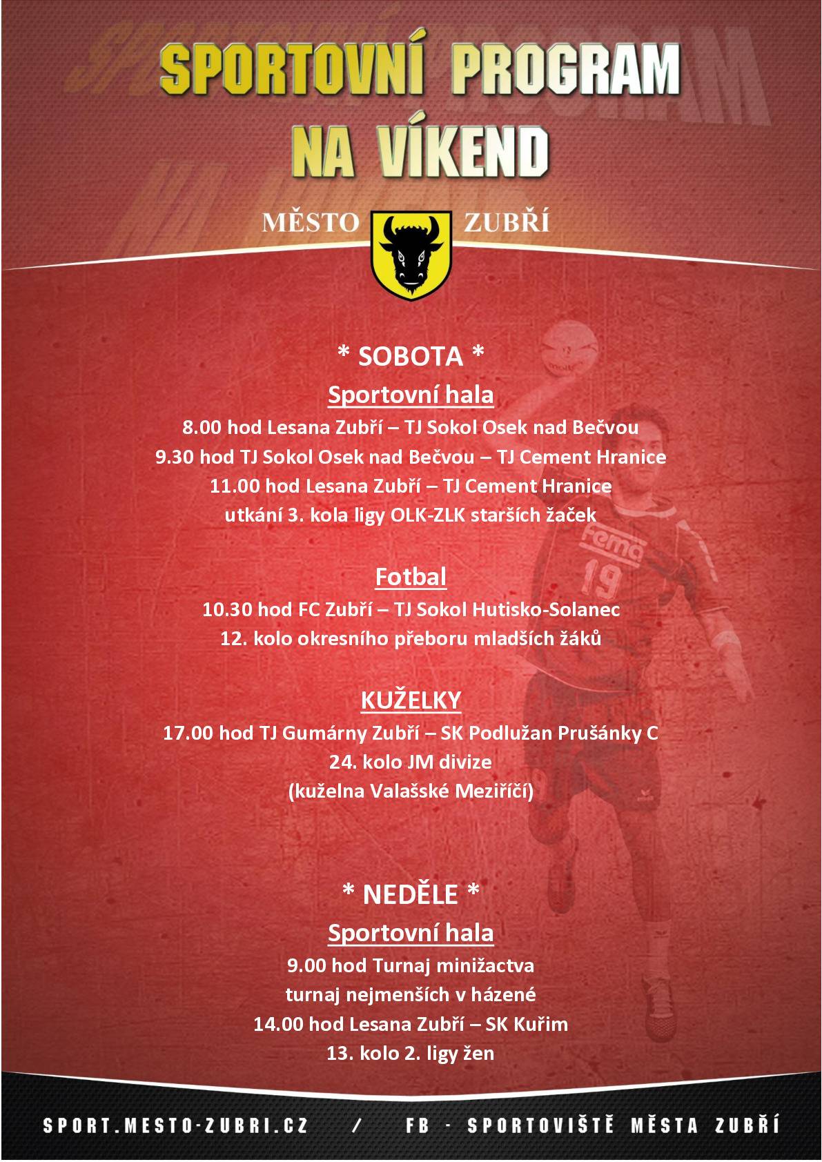Sportovní hala bude patřit tento víkend Lesankám. Mládežnickým týmům a ženám, které hrají v neděli s Kuřimí. A mrknout se můžete i na mladší žáky fotbalistů, kteří se v sobotu utkají s Hutiskem. Polyfunkční centrum bude otevřeno od 10 do 19 hodin.