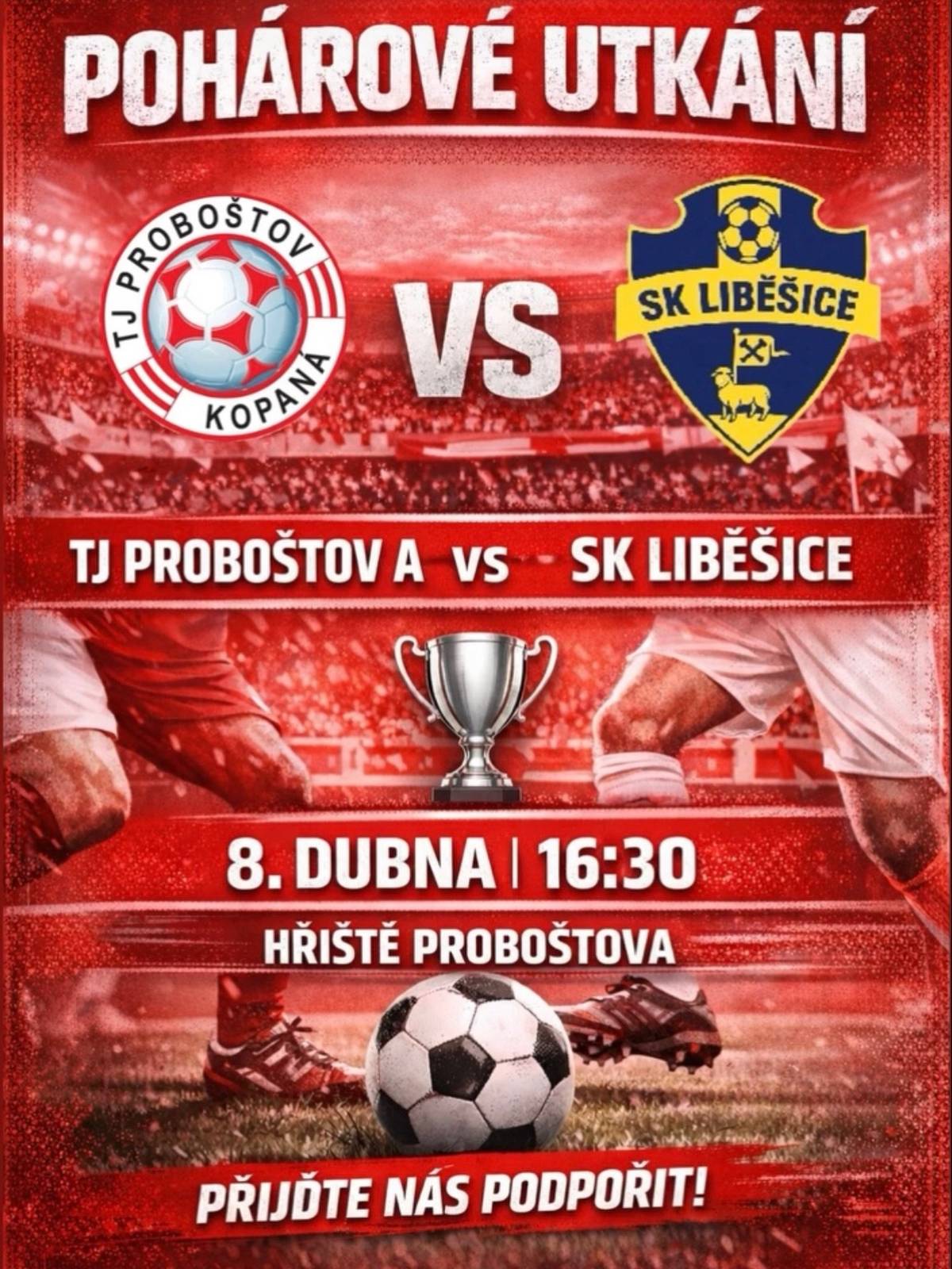 A tým TJ Proboštov zve na domácí zápas Poháru ÚKFS proti SK Liběšice. Výkop je dnes v 16.30. Občerstvení zajištěno!