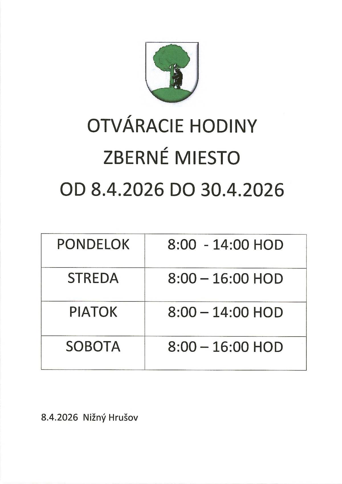 Čo môžete doviesť na Zberné miesto obce Nižný Hrušov: Na zberné miesto obce Nižný Hrušov môže doviesť BIO odpad FO s trvalým alebo prechodným pobytom v obci Nižný Hrušov. Na zberné miesto obce Nižný Hrušov je možné vyviesť BIO odpad v maximálnom objeme 1 m3 (prívesný vozík za osobným autom). Biologicky rozložiteľný odpad Čo patrí do bio odpadu, ktorý sa bude zbierať do nových nádob hnedej farby: Zvyšky z ovocia a zeleniny Lístie Tráva Zvyšky z rastlín Drobný stavebný odpad sa likviduje na základe objednávky na obecnom úrade. Ak potrebujete zlikvidovať drobný stavebný odpad, kontaktujte obecný úrad na telefónnom čísle 057 44 93 200 klapka 3 alebo napíšte email na: obec@niznyhrusov.sk Drobný stavebný odpad sa likviduje za poplatok 0,078 €/1kg podľa VZN č. 1/2025. Čo patrí do drobného stavebného odpadu: Betón a tehly: Úlomky betónu, tehál, škridle, pórobetón. Keramika: Obkladačky, dlaždice, keramické umývadlá a toalety. Ostatné: Zvyšky omietky, kamenivo Ostatné odpady (plasty, sklo, papier a kov)  sa zberajú a likvidujú prostredníctvom kontajnerového/vrecového zberu podľa harmonogramu zberu od spoločnosti Kosit. Zber nebezpečného odpadu a objemného odpadu prebieha 2 x ročne. Termín zberu nebezpečného odpadu, objemného odpadu a elektro odpadu zverejňuje cca. 14 dní pred samotným termínom zberu vyhlásením v obecnom rozhlase a zverejnením cez webovú stránku, sociálnu sieť a aplikáciu Munipolis.