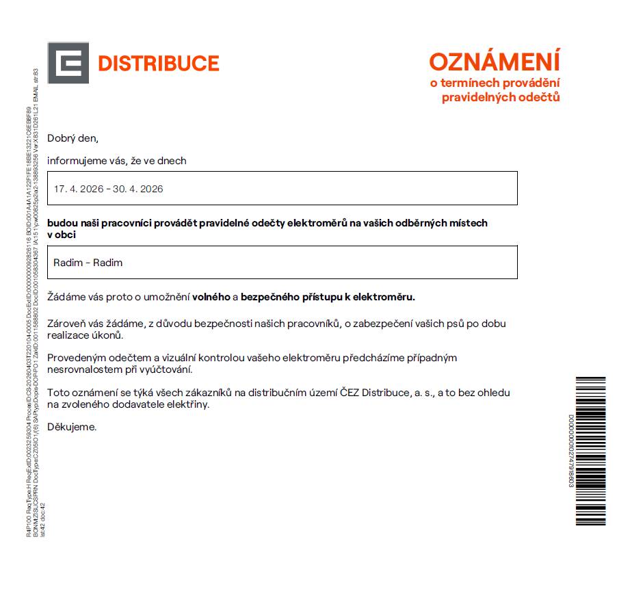 V termínu od 17.4. do 30.4.2026 bude proveden pravidelný odečet elektroměrů