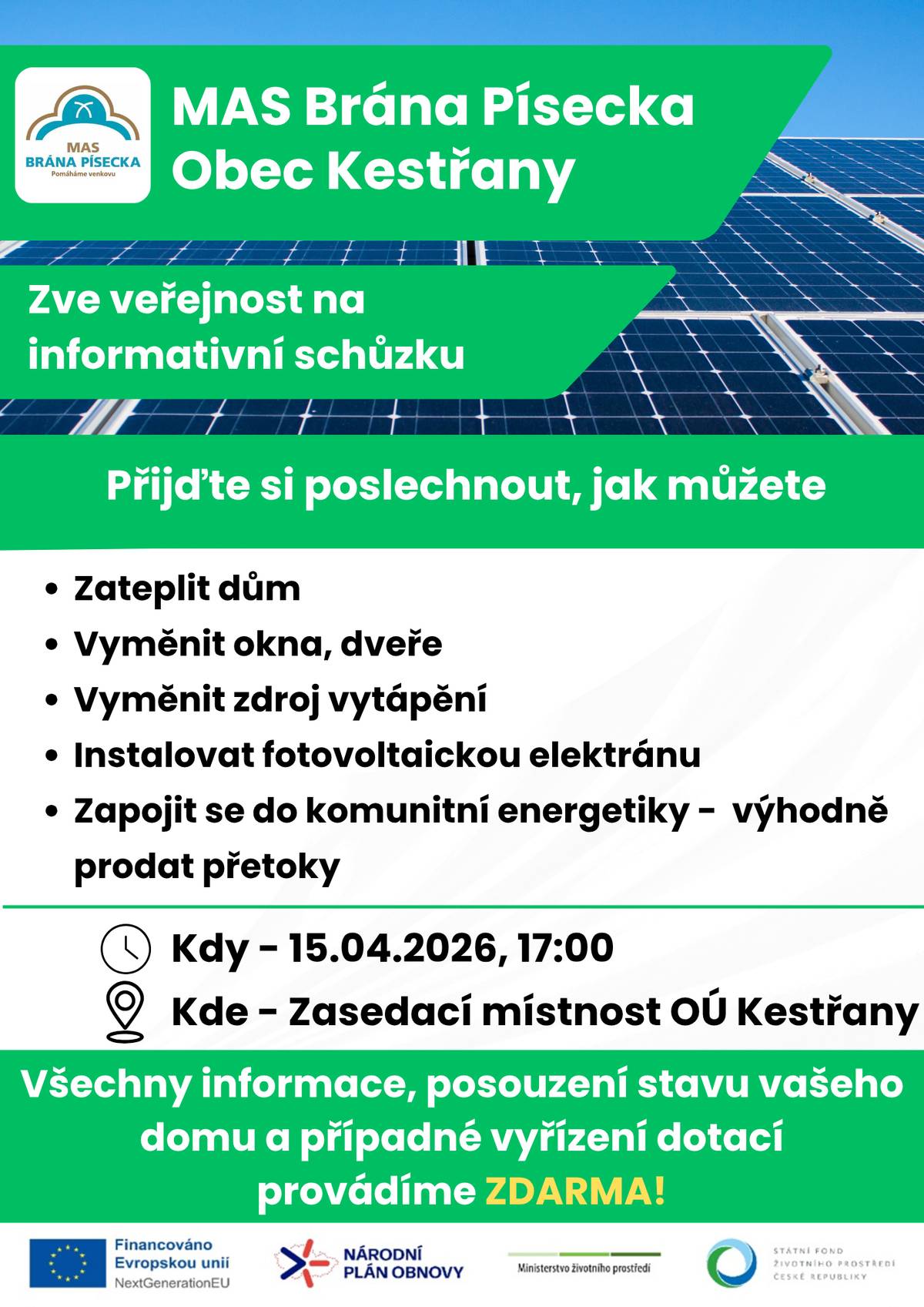 zasedací místnost Obecního úřadu Kestřany ve středu 15.04.2026 od 17:00 hodi