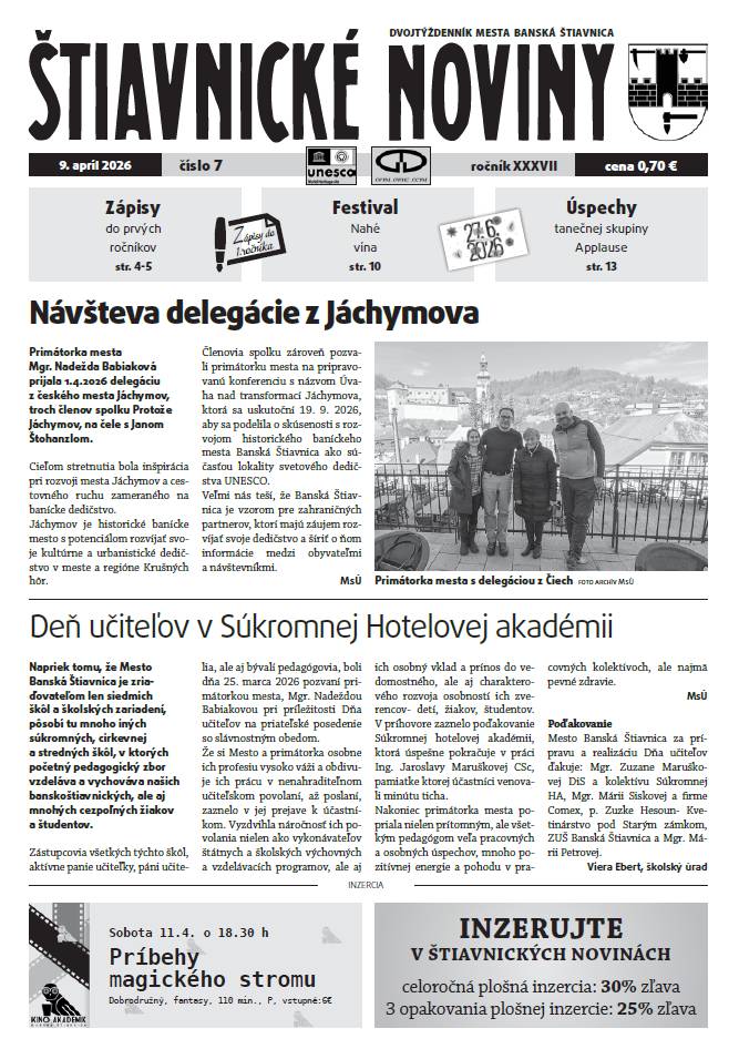 Čo si v ňom prečítate?     ✅Deň učiteľov na SHA a príhovor primátorky mesta pri tejto príležitosti, ✅informácie k zápisom detí do 1. ročníkov základných škôl, novinky v knižnici, ✅zámery na predaj majetku mesta, ✅čo možno neviete o Sitne, ✅čo skrýva objekt, v ktorom sídli Divná pani, ✅aktivity a úspechy našich škôl, ✅úspechy našich športovcov, ✅tanečná skupina Applause na ceste do Chorvátska, ✅čo bude v kine, pozvánky na rôzne podujatia a ďalšie zaujímavé informácie zo života nášho mesta a okolia.