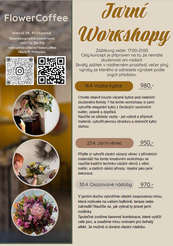 Zveme Vás na kreativní workshop, kde si můžete sami uvázat kytici, věnec nebo osazovanou nádobu pod vedením zkušené floristky. Rezervace je PŘEDEM NUTNÁ na tel. čísle 732 286 705 nebo přímo ve FlowerCoffee.