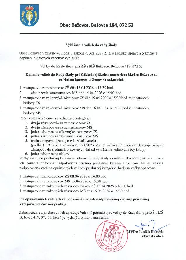 Voľby do Rady školy pri ZŠ s MŠ Bežovce.