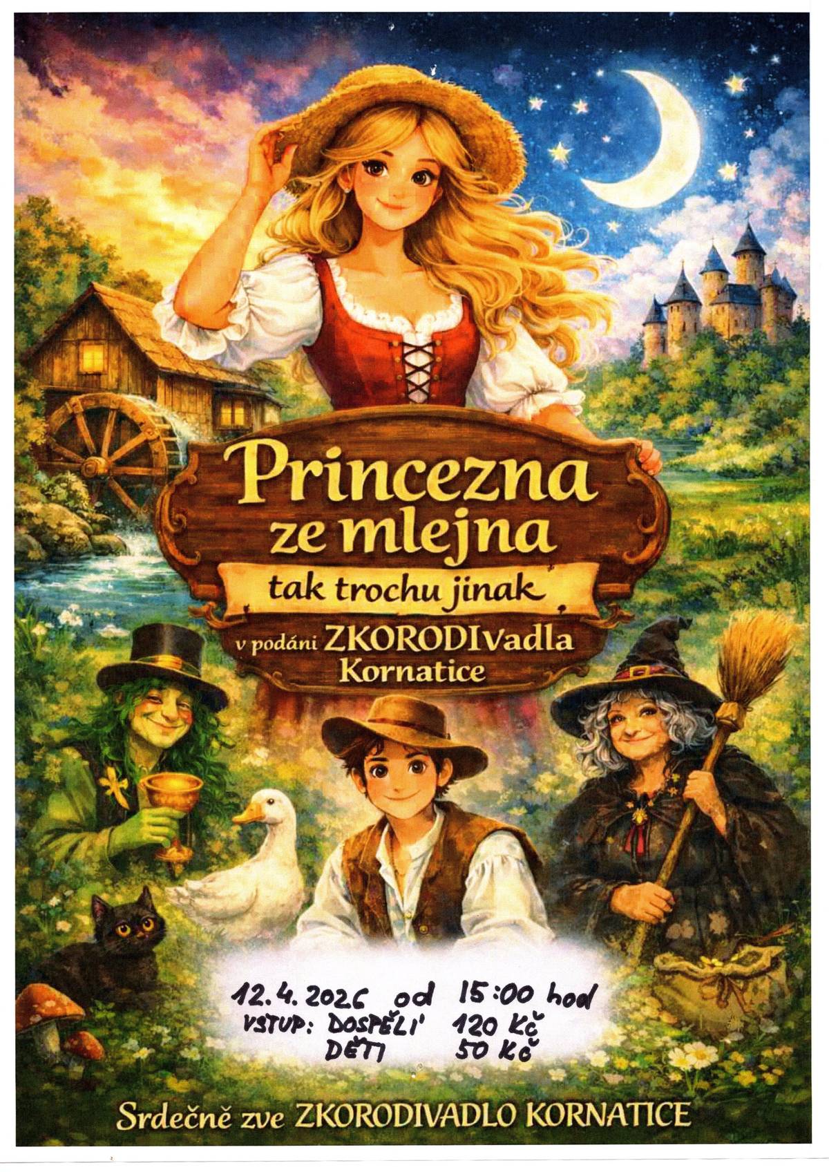 Tělovýchovná jednota Nekmíř pořádá dne 12.4.2026 od 15,00 hod. divadelní představení v podání ZKORODIvadla Kornatice pohádku "Princezna ze mlejna tak trochu jinak" Vstupné: dospělí 120,-Kč                děti 50,-Kč