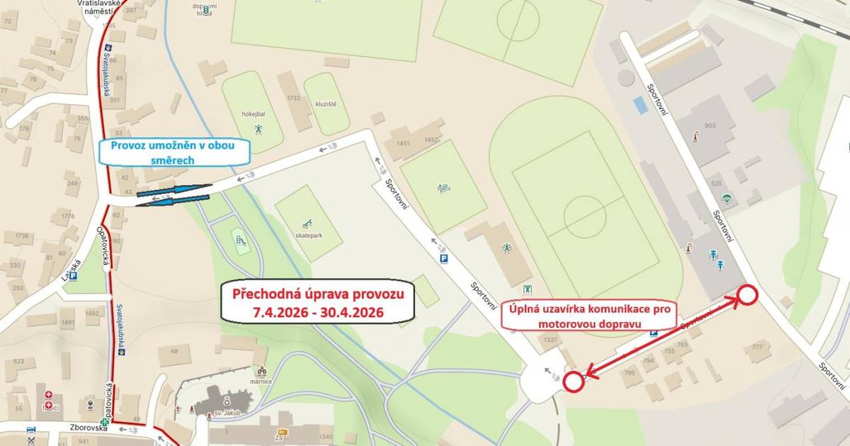 Vážení spoluobčané,    z důvodu výměny vodovodního řadu a vodovodních přípojek platí v termínu 7. 4. 2026 - 30. 4. 2026 ÚPLNÁ UZAVÍRKA ČÁSTI ULICE SPORTOVNÍ PRO MOTOROVOU DOPRAVU.