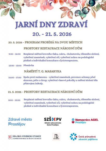 Jarní dny zdraví 2026 přinesou ve dnech 20. a 21. května rozšířený program, více odborníků i nové možnosti preventivních vyšetření pro širokou veřejnost. Akce se uskuteční v prostorách restaurace Národního domu a tradičně ji pořádá Zdravé město Prostějov ve spolupráci s Nemocnicí AGEL Prostějov.                               Číst dál...