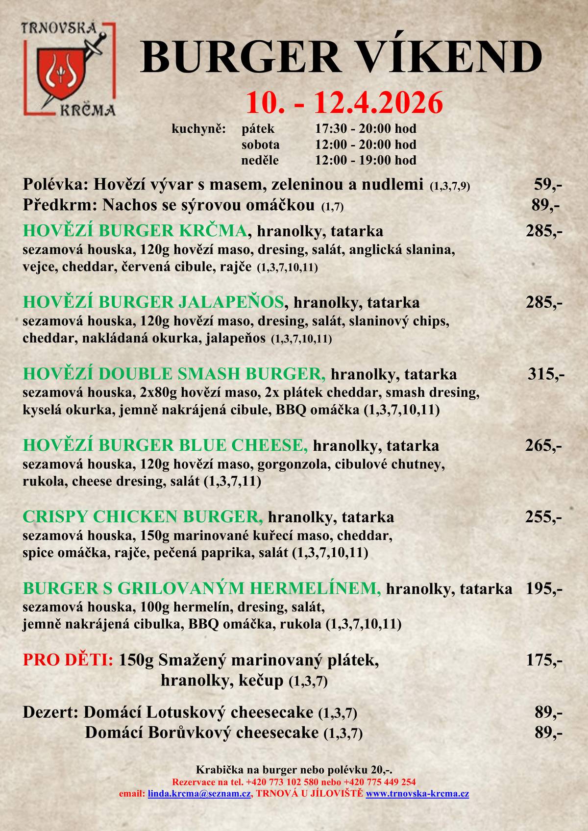 Milí sousedé,  srdečně Vás zveme již tento víkend na burgery do Trnovské krčmy. Namlsejte se na nad jídelním lístkem a 10.-12.4. přijďte na burger do Trnové.