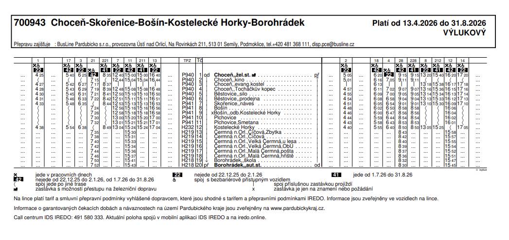 Informace o výlukách:      Vzhledem k omezenému prostoru v dočasné lokalitě Jungmannovy ulice budou některé spoje linek 222 a 943 odkloněny mimo tuto zastávku. U linky 943 dojde navíc k drobnému časovému posunu některých spojů - viz níže.   Výlukové jízdní řády naleznete níže.       Linka 222   Tři spoje ve směru do Chocně zastaví místo kina na zastávce Evangelický kostel. Konkrétně spoje v 6:19, 7:21 a 13:19.       Linka 943   Spoj č. 17 zastaví místo kina na zastávce Evangelický kostel.   Spoj č. 7 pojede o 5 minut dříve (12:40 z Chocně).   Spoj č. 13 pojede o 10 minut dříve (16:40 z Chocně).   Spoj č. 8 pojede o 5 minut dříve (13:05 z Kosteleckých Horek) a místo kina zastaví na zastávce Evangelický kostel.   Spoj č. 14 pojede o 10 minut dříve (17:05 z Kosteleckých Horek) a místo kina pojede k železniční stanici.