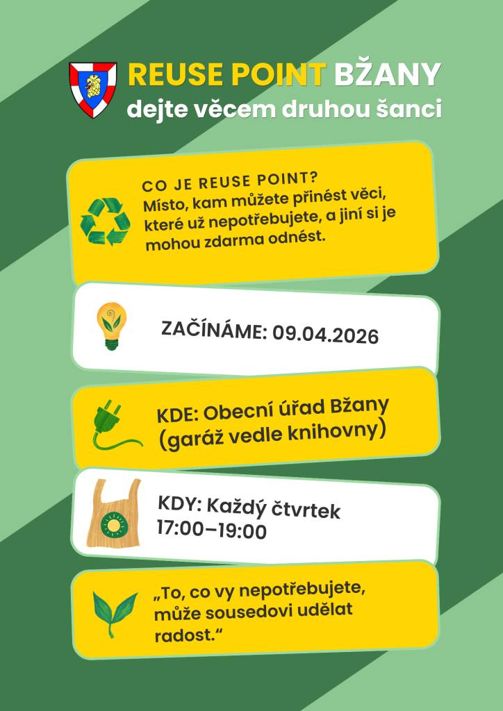 Obecní úřad Bžany spouští Reuse Point, místo, kde můžete přinést nepotřebné věci a ostatní si je mohou zdarma odnést. Otevření je plánováno na čtvrtek 09.04.2026 od 17:00 do 19:00.