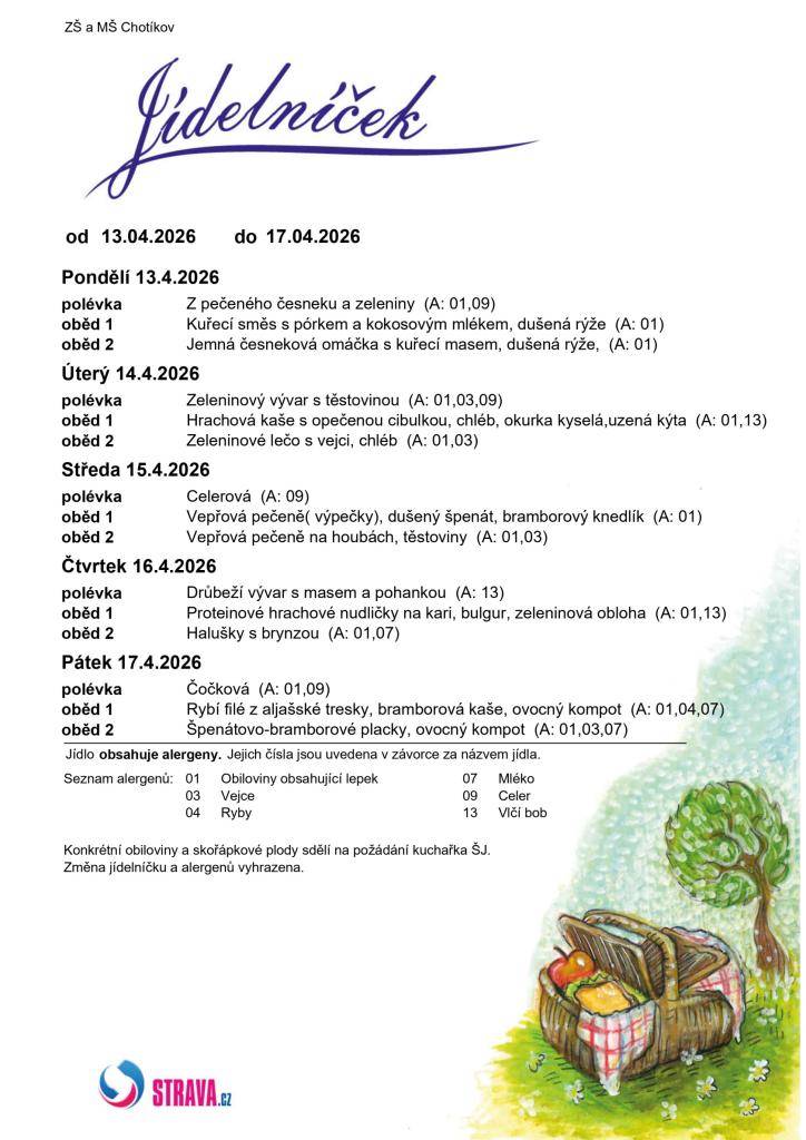 Jídelní lístek ZŠ a MŠ Chotíkov na týden 13. 04. 2026 - 17. 04. 2026.