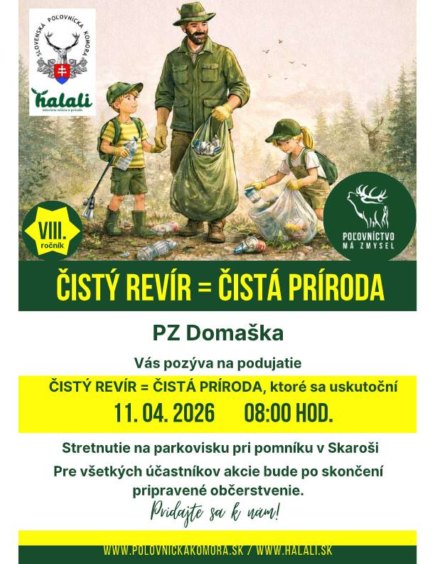 PZ Domaška pozýva na podujatie "Čistý revír - čistá príroda", ktoré sa uskutoční 11.04.2026 o 08.00 hod. Stretnutie účastníkov na parkovisku pri Pamätníku.