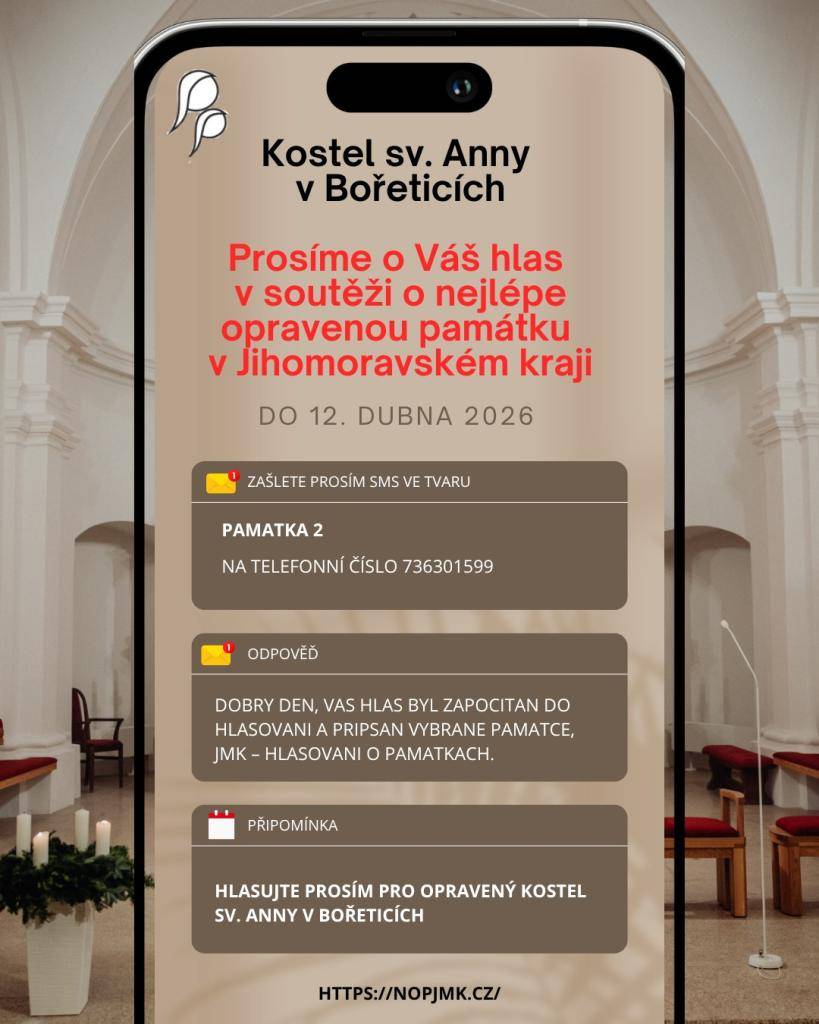 Hlasujte prosím pro Bořetice. Pošlete nám prosím hlas o nejlepší opravenou památku v JMK na opravený kostel v Bořeticích.    Na telefonní číslo 736301599 zašlete prosím SMS zprávu ve tvaru: PAMATKA 2