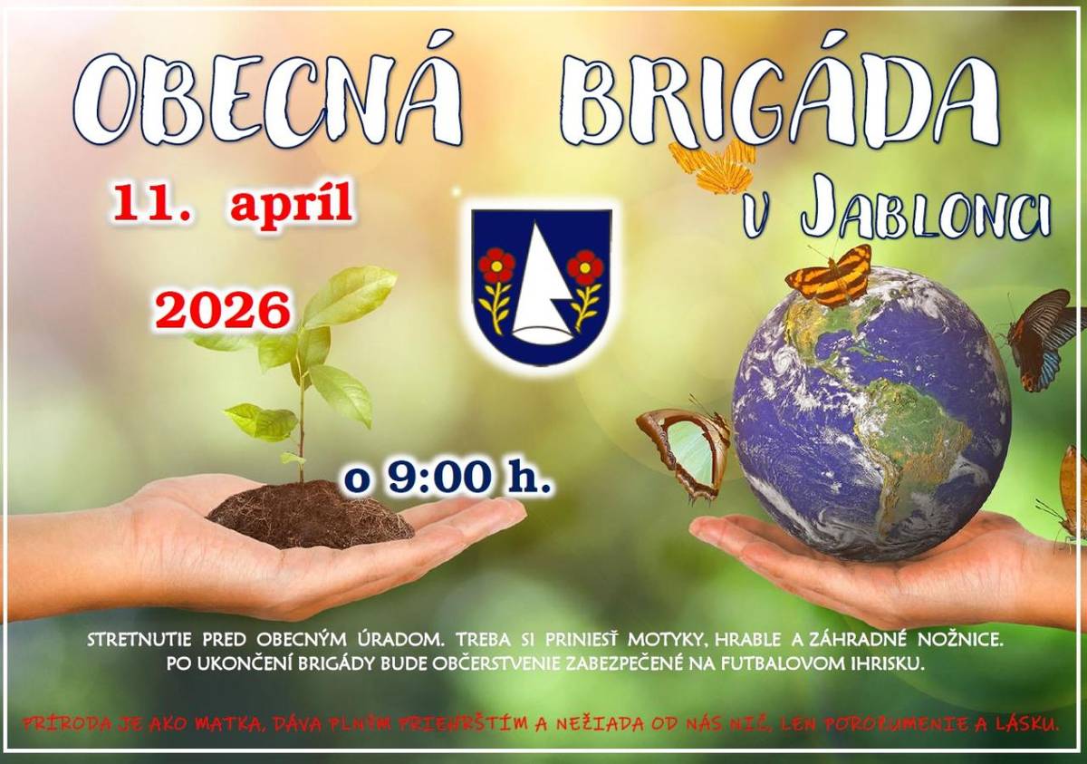 Pozývame vás na obecnú brigádu, ktorá sa uskutoční v sobotu 11. apríla 2026 od 9:00 hod. ???? Stretneme sa pri obecnom úrade. Prineste si, prosím, pracovné náradie (motyky, hrable, záhradné nožnice). Tešíme sa na vašu účasť a spoločnú pomoc pre našu obec! ????