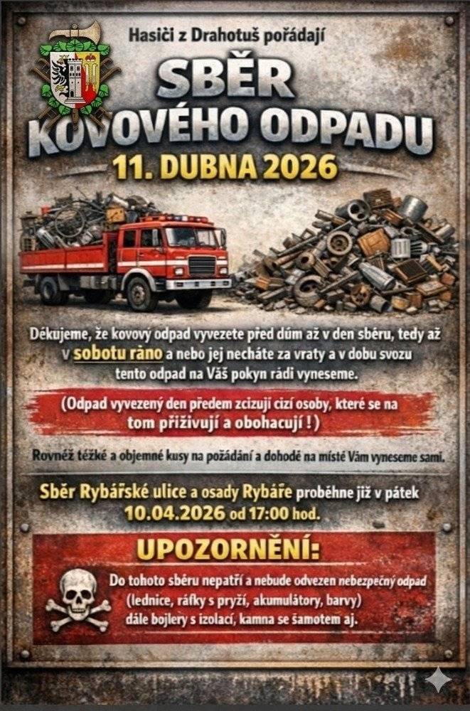Upozorňujeme, že v sobotu 11. dubna proběhne v Drahotuších sběr biologicky rozložitelného odpadu ze zahrádek do velkoobjemového kontejneru. V ulici Záchalupčí  od 8 do 8:30, u nádraží od 9 do 9:45, na náměstí od 10:15 do 11:00 a u kluziště od 11:30 do 12:15. Zároveň tuto sobotu proběhne také sběr železného šrotu, pořádaný místními dobrovolnými hasiči.