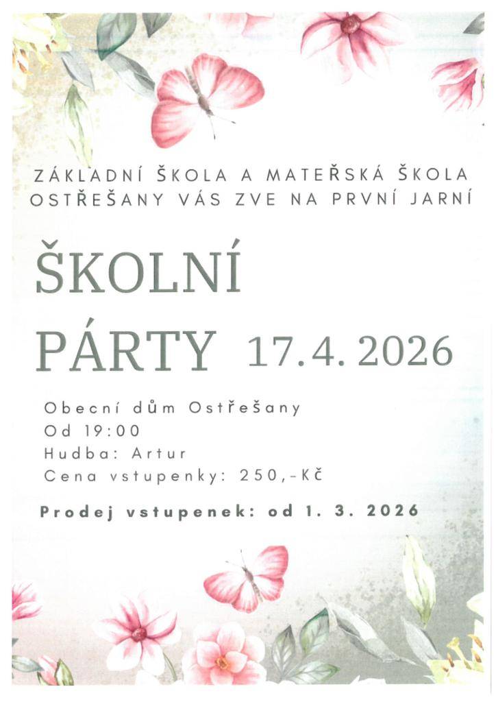 ZŠ a MŠ Ostřešany Vás srdečně zve na první jarní školní párty, která se koná 17. dubna 2026 v Obecním domě Ostřešany.