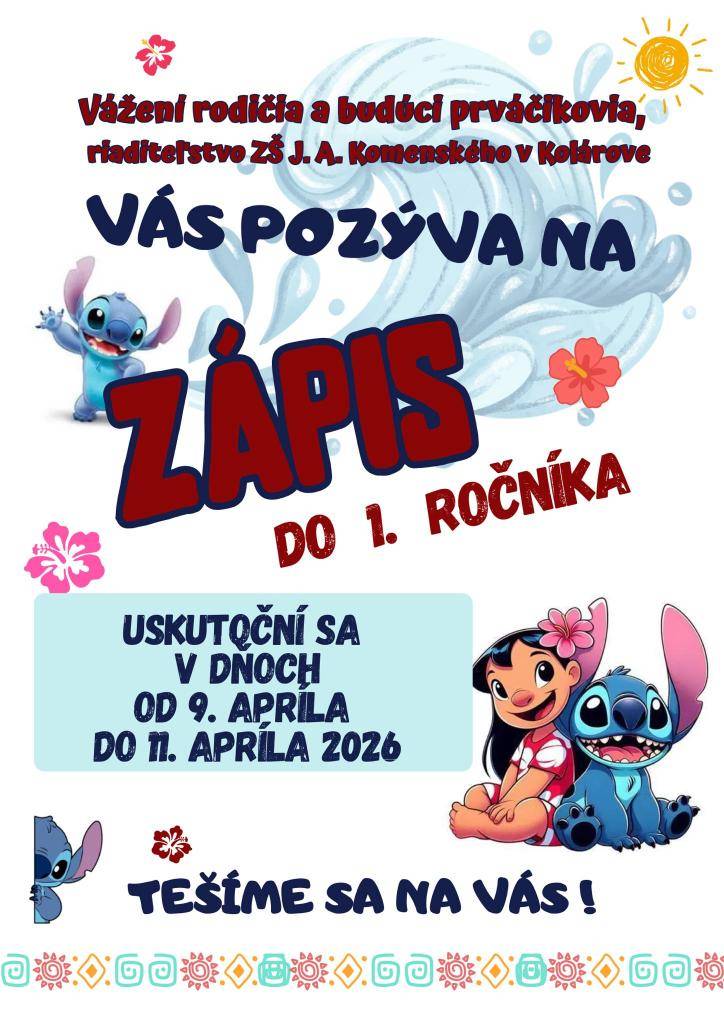 Spoločný školský úrad v Kolárove oznamuje Váženým rodičom, že zápis detí do 1. ročníka  ZŠ. J. A. Komenského na školský rok 2026/2027 sa uskutoční v dňoch:  9. apríla 2026 (štvrtok) od 13.00 do 17.00 hod.  10. apríla 2026 (piatok) od 8.00 do 17.00 hod.  11. apríla 2026 (sobota) od 8.00 do 12.00 hod.