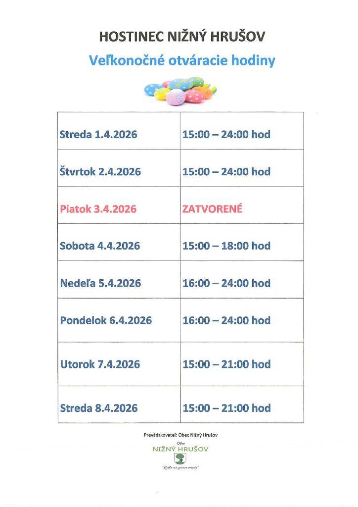 Hostinec Nižný Hrušov - Veľkonočné otváracie hodiny. Viac info tu.