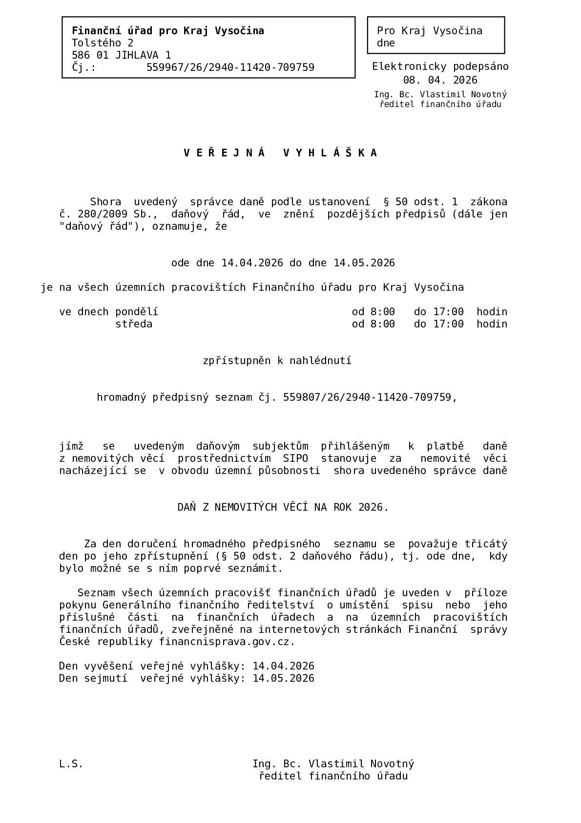 Zveřejnění veřejné vyhlášky FU pro kraj Vysočina