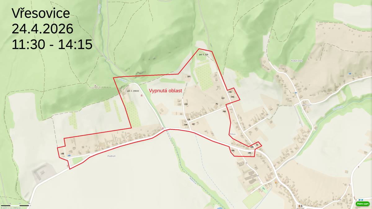 Dne 24. dubna 2026 dojde k přerušení dodávky elektrické energie od 11:30 do 14:15 hodin v části obce Podhoří, Sady, Příhon - horní část, nad MŠ.