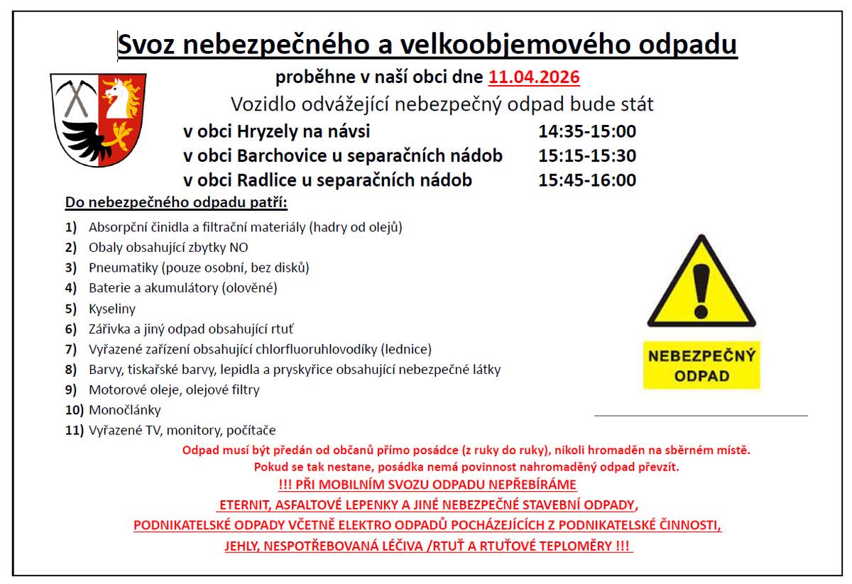 v obci Hryzely na návsi   14:35-15:00  v obci Barchovice u separačních nádob  15:15-15:30  v obci Radlice u separačních nádob  15:45-16:00