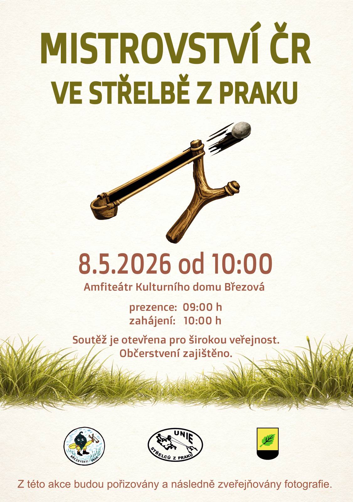 Klub Březovský prak a komise sportu města Březová zvou na TRADIČNÍ PRAKIÁDU, která se koná v sobotu 8. května 2026 od 10:00 h v AMFITEÁTRU KD BŘEZOVÁ. Prezence od 10:00 h. Soutěže se mohou zúčastnit jak děti, tak amatéři, kteří budou mít své terče. Startovné pro amatéry a veřejnost je 50 Kč.