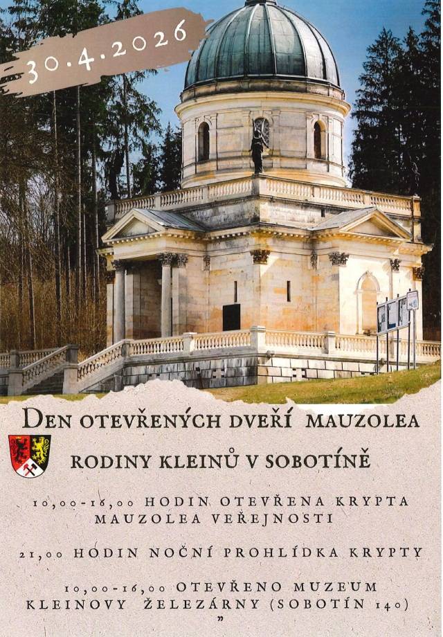 > čtvrtek 30.4.2026  > 10:00 hodin - 16:00 otevřena Krypta  > 21:00 hodin - noční prohlídka Krypty   > 10:00 do 16:00 otevřeno Muzeum Kleinovy železárny   (Sobotín čp. 140)