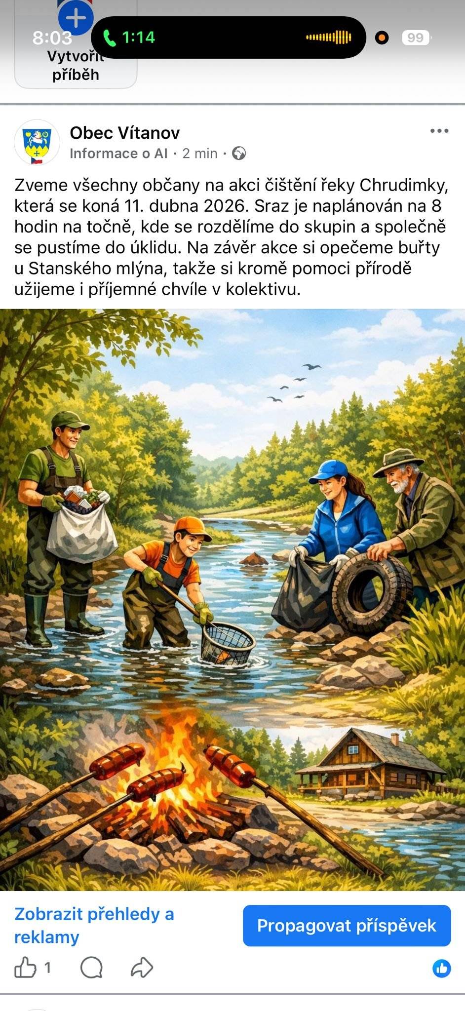 Zveme všechny občany na akci čištění řeky Chrudimky, která se koná 11. dubna 2026. Sraz je naplánován na 8 hod ve Vítanově na točně, kde se rozdělíme do skupin a společně se pustíme do úklidu. Na závěr akce si opečeme buřty u Stanského mlýna, takže si kromě pomoci přírodě užijeme i příjemné chvíle v kolektivu.