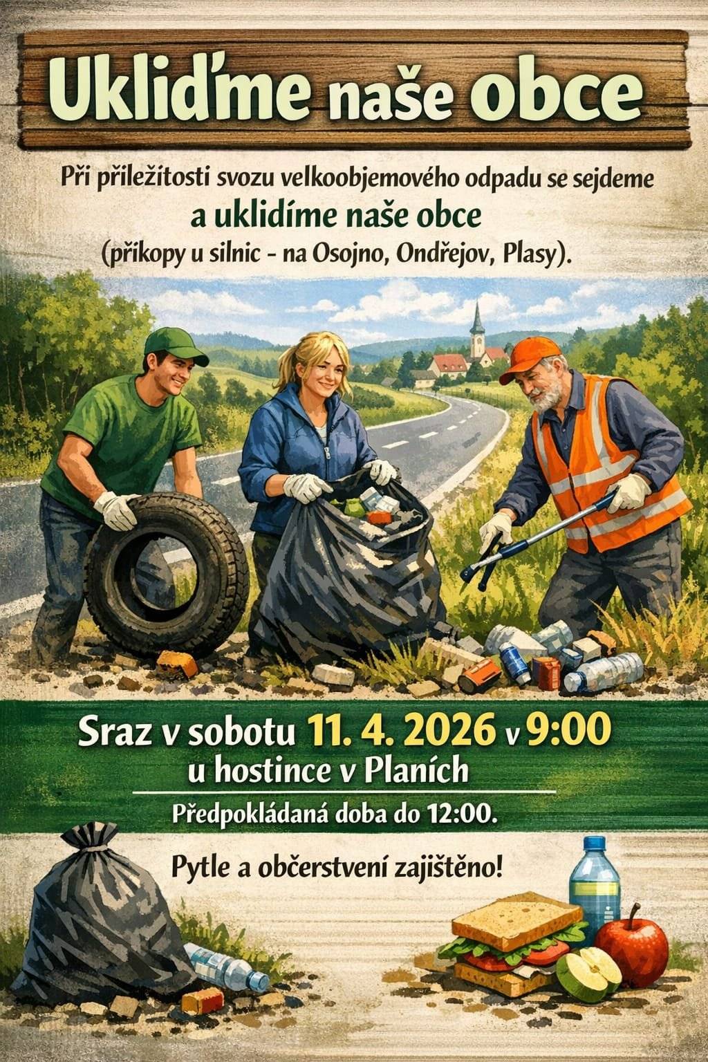 Ukliďme naše obce Při příležitosti svozu velkoobjemového odpadu se společně sejdeme a uklidíme naše obce. Zaměříme se především na příkopy u silnic – směrem na Osojno, Ondřejov a Plasy. Kdy: sobota 11. 4. 2026 Čas: 9:00 Sraz: u hostince v Planích Předpokládaný konec kolem 12:00. Pytle i občerstvení budou zajištěny. Přijďte pomoci a udělejme společně naše okolí zase o něco krásnější!