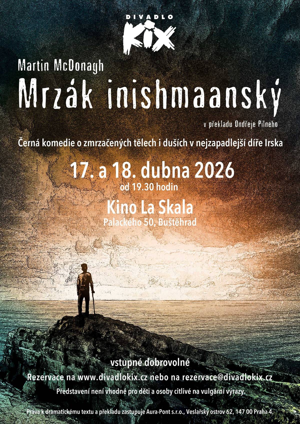 Divadlo KiX zve na oprášenou reprízu hry Mrzák inishmaanský od irského dramatika Martina McDonagha. Černá komedie plná drsného humoru i nečekané něhy o zmrzačených tělech i duších v nejzapadlejší díře Irska. Po letech se k této inscenaci vracíme – s chutí a radostí z toho, že některé příběhy stojí za to znovu oživit. Hrajeme v Kině La Skala v pátek 17. 4. a v sobotu 18. 4., vždy od 19.30. Sobotní představení bude navíc doplněno o živý hudební doprovod. Vstupné je dobrovolné. Rezervace na rezervace@divadlokix.cz anebo na www.divadlokix.cz.