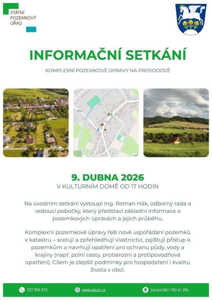 Zveme občany a vlastníky pozemků na první informační setkání týkající se možných pozemkových úprav na Provodově