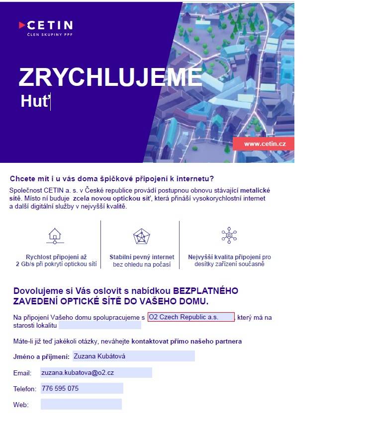 Zjištění zájmu o optickou internetovou přípojku k Vašemu domu Jistebsko, Krásná, Huť