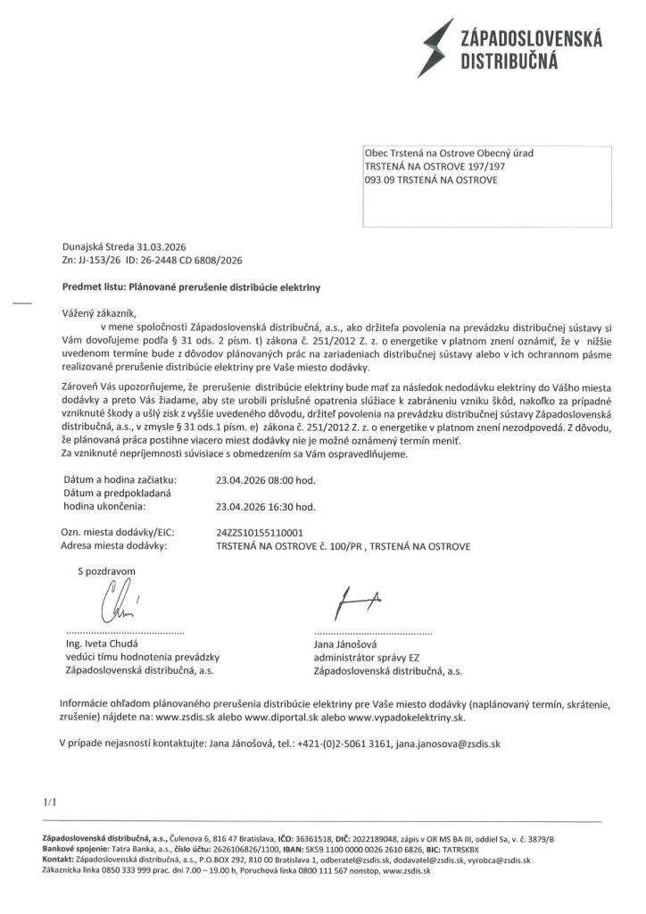 Plánované prerušenie distribúcie elektriny 23.4.2026