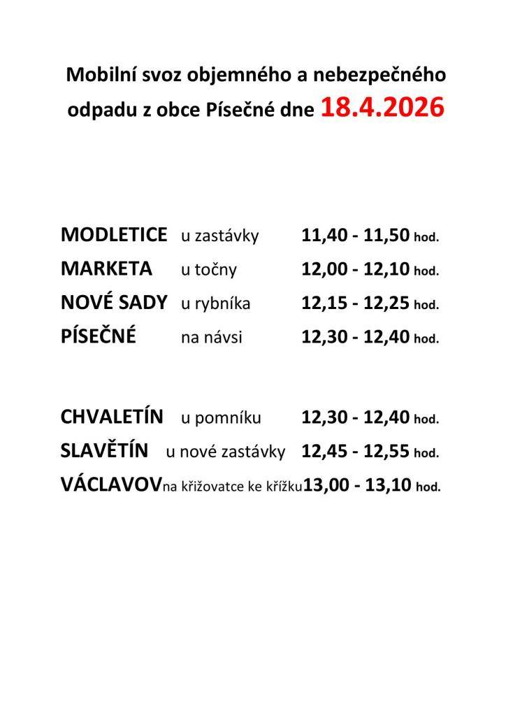 18.4.2026 - jarní mobilní svoz objemného a nebezpečného odpadu