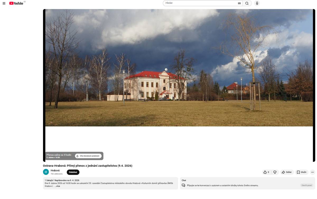 Vážení občané, dnes 9. dubna 2026 od 16:00 hodin zasedne v mimořádném termínu Zastupitelstvo městského obvodu Hrabová. Zasedání je možné zhlédnout v online streamované verzi pod tímto odkazem: youtube.com/live/LYqwM4-ZCV0?is=eSh_TCaR5ATSWnAE