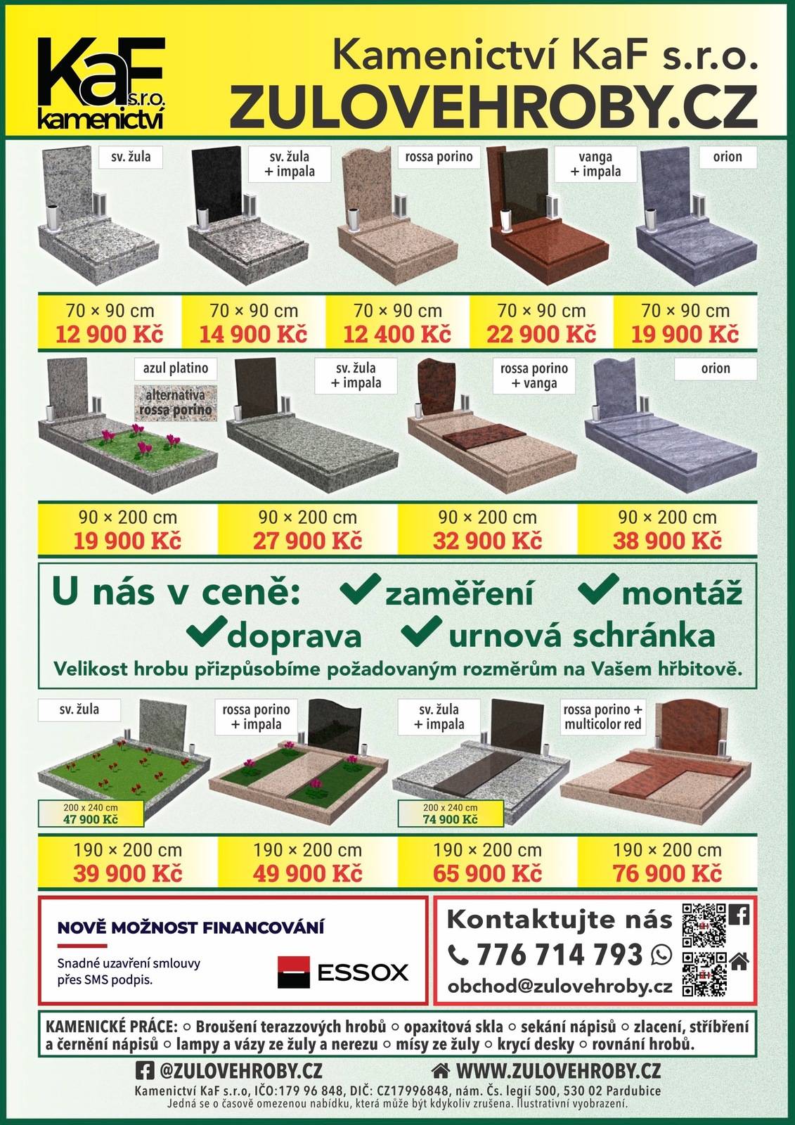 Ve středu 15. 4. a 22. 4. v 11:30 – 11:50 bude na hřbitově v Lužanech obchodní zástupce Kamenictví KaF s.r.o. a Žulovéhroby.cz  přijímat objednávky k opravám hrobů. Poskytujeme veškeré kamenické práce. Přijďte na hřbitov a využijte naši výhodnou nabídku.