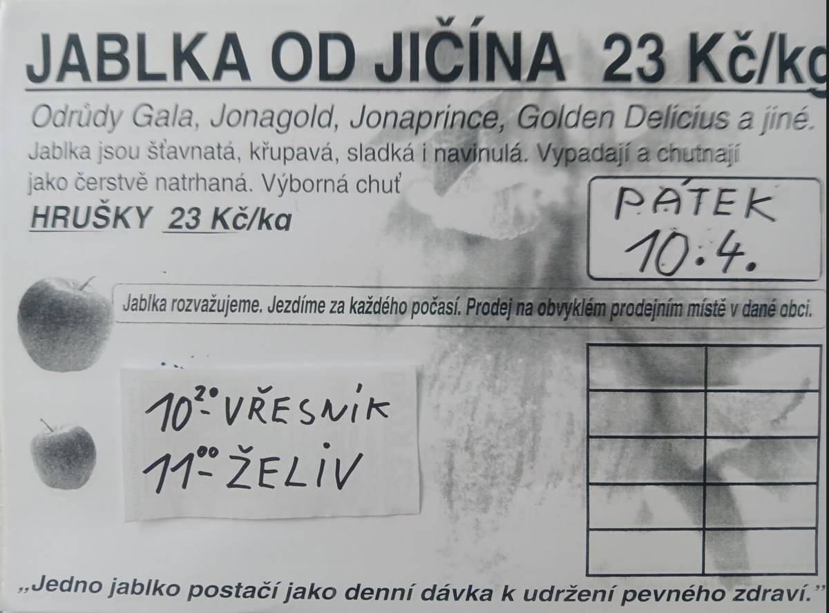 V pátek 10. 4. bude probíhat prodej jablek a hrušek od Jičína. Vřesník - 10:20 hod. Želiv - 11:00 hod.