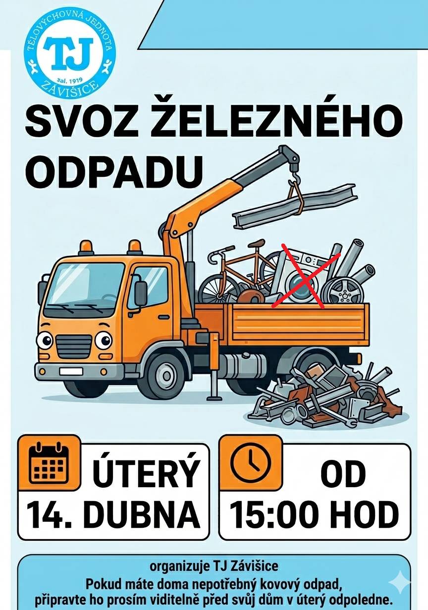 Máte doma staré železo, nepotřebné trubky nebo jiný kovový odpad, který vám jen zabírá místo? 🛠️ Zbavte se ho snadno a podpořte přitom TJ! 📅 KDY: V úterý 14. dubna 2026 🕒 ČAS: Během odpoledních hodin Jak se zapojit? 🚜 Stačí, když nepotřebný kovový odpad připravíte v úterý odpoledne viditelně před svůj dům. Naši členové jej naloží a odvezou. ✅ Co sbíráme: Veškerý kovový a železný šrot. Předem děkujeme všem občanům za spolupráci a pomoc! 🤝⚽