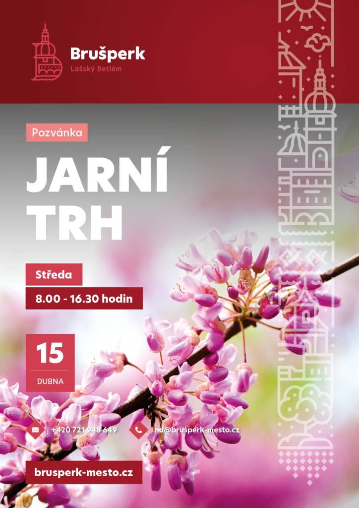 Město Brušperk zve na Jarní trh, který se koná ve středu 15. dubna 2026 od 8 do 16:30 hodin na náměstí v Brušperku.