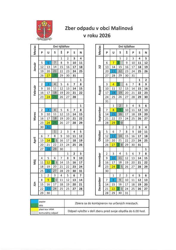 Harmonogram vývozu odpadu v obci Malinová