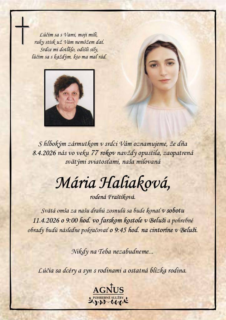 Haliaková Mária, rod. Fraštíková- apríl 2026