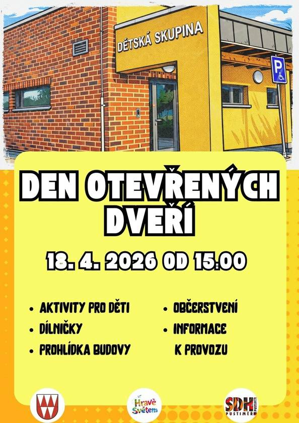 Srdečně zveme všechny rodiče a děti na Den otevřených dveří dětské skupiny, který se uskuteční 18. dubna od 15.00 hodin v nově postavené budově u hřiště. Těšit se můžete na prohlídku nových prostor, přátelské posezení a odpovědi na Vaše otázky, tvořivé dílničky a aktivity pro děti. Chybět nebude ani výborné občerstvení.