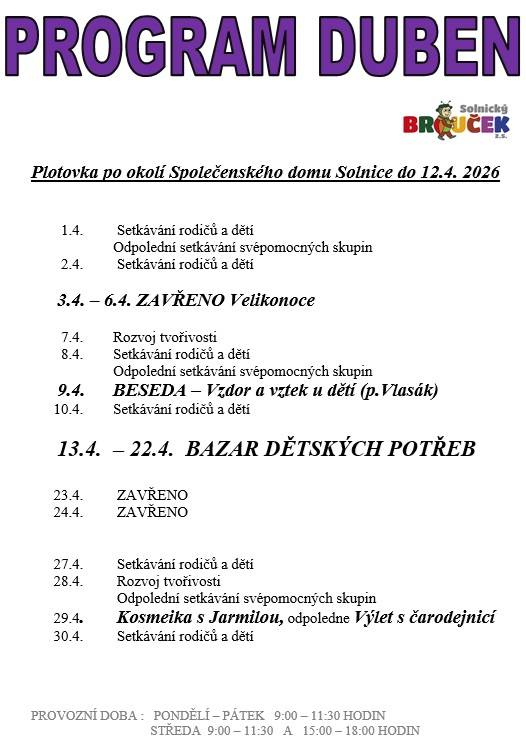 Solnický Brouček představuje svůb program na měsíc duben 2026.