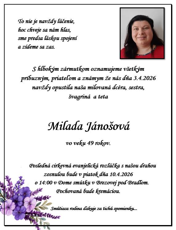 Smútočné oznámenie - Milada Jánošová