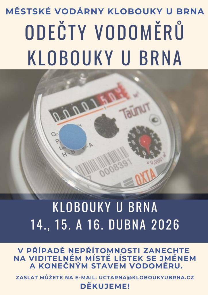 Odečty vodoměrů v Kloboukách u Brna: 14.15. a 16. dubna 2026