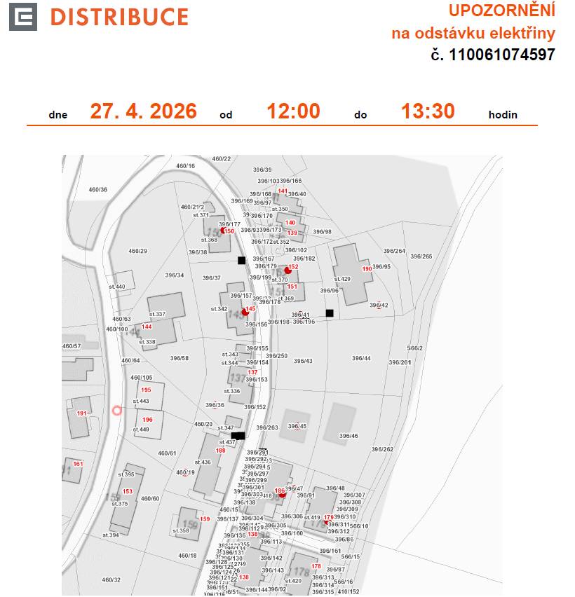 Dne 27. 4. 2026 od 12:00 do 13:30 hodin proběhne plánovaná odstávka elektrické energie, která zahrnuje tyto lokality:  část obce Loučná č. p. 145, 150, 152, 179, 186 parcelní č. 396/36, 396/41, 396/42, 396/45, 396/47, 460/19