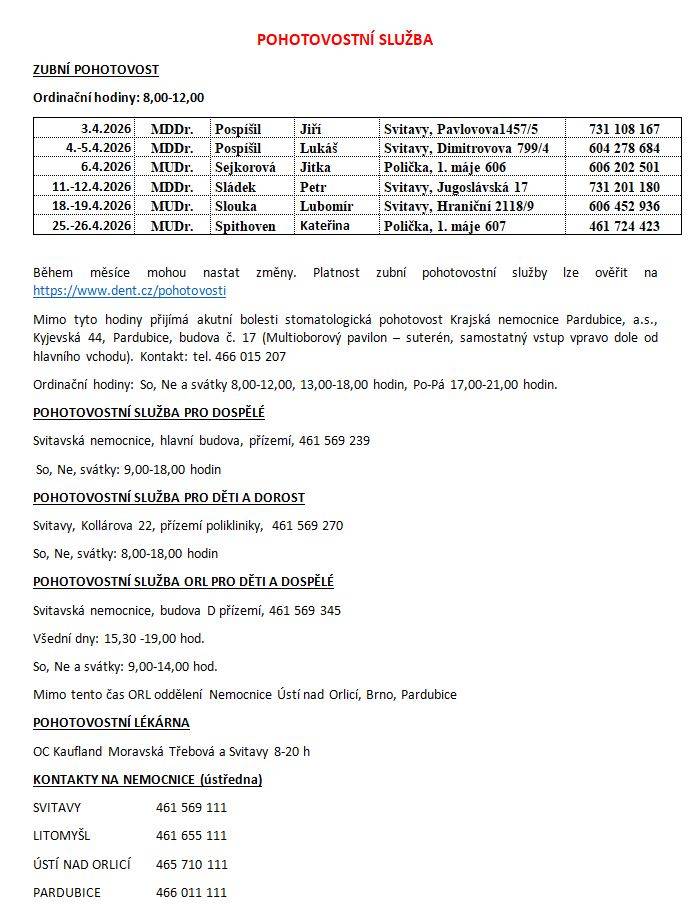 Pohotovostní služba, změny ordinační doby - duben 2026: POHOTOVOST.doc ZMĚNY ORDINACÍ.doc