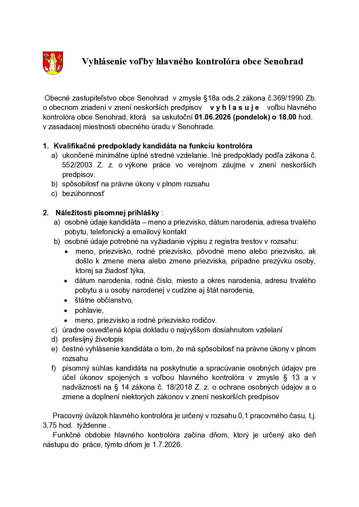 hlavného kontrolóra obce  Senohrad